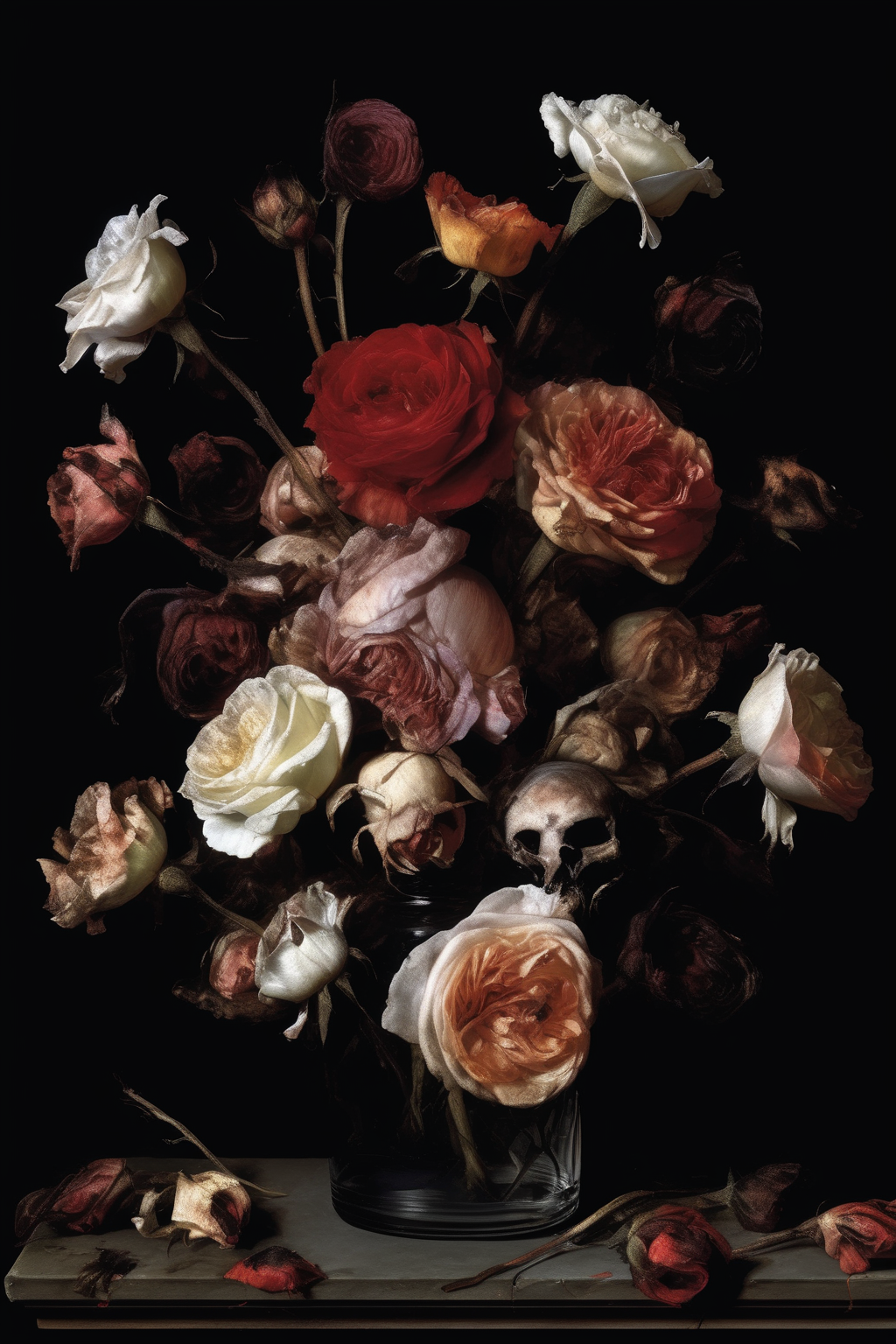 01005-2679499762-_lora_Willem van Aelst Style_1_Willem van Aelst Style - an album cover of a bouquet of dead roses in a vase. It has a black back.png